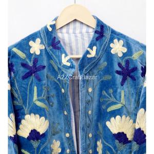 Chaqueta Varsity Azul Terciopelo con Bordado Floral, Ecológica, Transpirable, Cuello Mao, Manga Larga, Estilo Prairie Chic para Mujer - Product Image 4