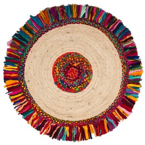 Alfombra Redonda de Yute Hecha a Mano con Flecos Coloridos, Estilo Bohemio para Sala de Estar, Decoración Mexicana de Pelo Corto - Product Image 1