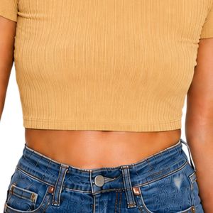 Top Corto Acanalado Beige para Mujer, Manga Corta, Cuello Redondo, Ajuste Delgado, Camiseta Casual de Punto, Moda de Verano, Algodón Elástico, Spandex, Básico - Product Image 6