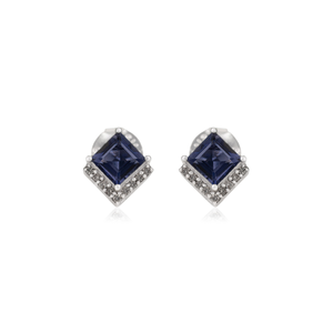 Precio al por mayor: Pendientes de botón finos hechos a mano de plata de ley 925 con iolita natural talla princesa y diamantes para mujer - Product Image 1
