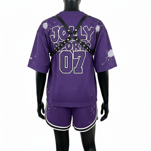 Ensemble short en jersey mesh pour femme, tissu mesh sportif en polyester de haute qualité, panneau latéral violet, logo personnalisé, ensembles pour femme 100% coton - Product Image 2