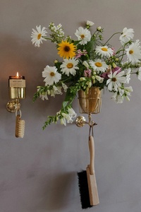 Ornamental Gold Metal <b>Wall</b> <b>Vase</b> with Curved Holder Frame for Stylish Floral Arrangements and Interior Accent Styling - Product Image 5