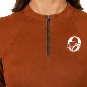 Haut de performance respirant et extensible à manches longues pour femme, couleur orange rouille, avec quart de zip, idéal pour l'équitation et l'entraînement équestre - Product Image 3