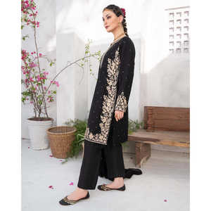 HK Designer Indian & Pakistani Black <b>Clothing</b> Embroidered Top-Bottom and Dupatta with <b>Riveted</b> Moti Work Size L - Product Image 4