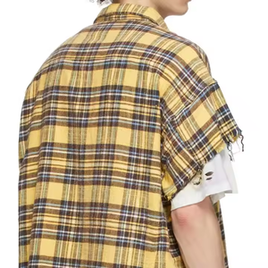 Camisa de Franela Personalizada con Pedrería, Corte Cropped, Dobladillo sin Rematar, Abotonada, Diseño Cuadrado Lavado, Manga Larga, Estilo Streetwear - Product Image 5