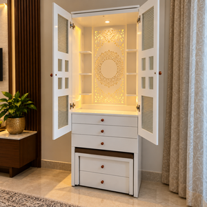 Armoire de Temple Pooja en Bois Blanc avec Portes Vitrées, Éclairage LED Chaleureux, Multiples Étagères de Rangement et Tiroirs Décoratifs - Product Image 3