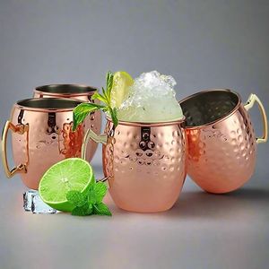 Copper cocktail <b>serving</b> mug <b>set</b> for elegant designer <b>beverage</b> hosting hammered finish metal cups durable reusable <b>serving</b> mugs - Product Image 2
