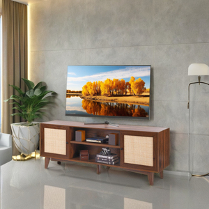 Moderno Mueble para TV de Ratán y Nogal Estilo Boho con Enchufe Integrado y Almacenamiento para Sala de Estar, Hotel y Apartamento, 65 Pulgadas o Más - Product Image 3