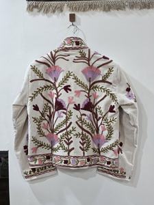 Veste en coton brodée de fleurs, col mandarin, manches longues, style Prairie Chic, faite à la main, pour femme, bleue - Product Image 4
