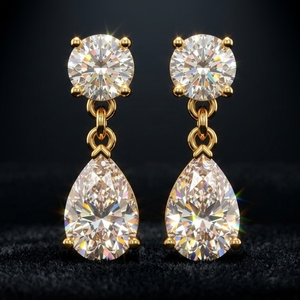 Boucles d'oreilles clous en or jaune massif 9K avec diamant taille poire pour femme, tendance, pour mariage, anniversaire, soirée, certifiées IGI, bijoux fins - Product Image 1