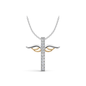 Collier pendentif croix religieuse en or 18 carats avec diamant de laboratoire, design aile de ruban bicolore, bijoux fins pour femme - Product Image 1