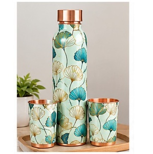 Juego de Botellas de Agua de Cobre Pintadas a Mano con Rosas Blancas y Doradas, con Patrón Dorado, Portátiles para Viaje - Product Image 3