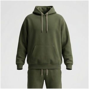 Conjunto Deportivo Unisex con Capucha Color Verde Oliva, Manga Larga, Color Sólido, Informal, Transpirable, Algodón de Peso Medio, Ropa de Otoño, Corte Regular - Product Image 1