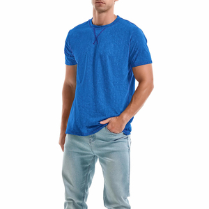 T-shirt en tricot à manches courtes pour homme, bleu foncé, col rond, couleur unie, vêtement décontracté - Product Image 1