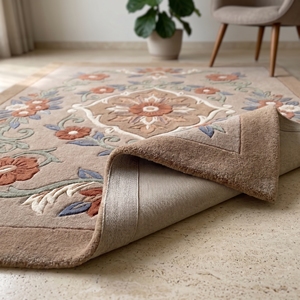 Tapis tufté à la main motif floral médaillon, beige taupe, en laine, motif botanique vintage, vente en gros sur mesure - Product Image 4