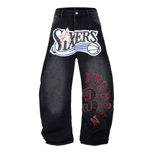 Jean baggy brodé patchwork personnalisé, style streetwear, coupe évasée, délavage vintage, jambe large, patchwork oversize, Harajuku - Product Image 1
