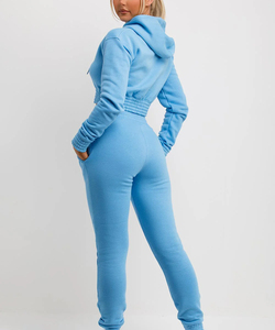 Conjunto de Sudadera con Capucha Corta y Pantalones de Chándal Cómodos de 2 Piezas para Mujer, con Logotipo Personalizado, Efecto Desgastado, Cierre Completo con Cremallera y Bordado de Toalla - Product Image 2