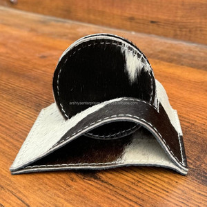 Sous-verres ronds en cuir de vache de luxe personnalisés de qualité supérieure pour boisson avec support Cadeaux de pendaison de crémaillère Ensemble de 4 sous-verres en cuir véritable - Product Image 2