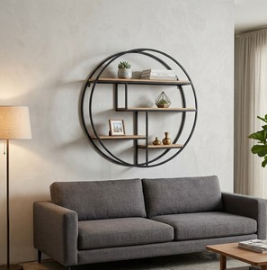 Estante de Pared Redondo Industrial con Marco Metálico, Estante de Almacenamiento Flotante para Sala de Estar, Dormitorio, Decoración del Hogar - Product Image 5