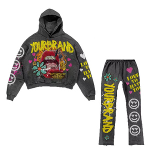 Conjunto de Sudadera con Capucha y Pantalones Acampanados de Talla Grande para Hombre, Estilo Urbano, Ropa Personalizada con Estampado de Serigrafía Intensa y Lavado Ácido - Product Image 4