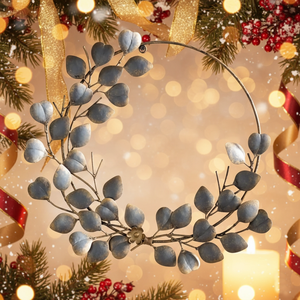 Rustic Metal Hoop Featuring A Slender <b>Wire</b> <b>Frame</b> Asymmetrically Adorned With Textured Frost Grey Eucalyptus Leaves For Decor - Product Image 4