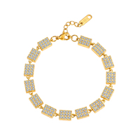 Pulsera STKB33 de Acero Inoxidable 304 Chapada en Oro de 18K, Completamente Adornada con Circonitas Cúbicas Cuadradas Transparentes, Cadena de Eslabones Ajustable