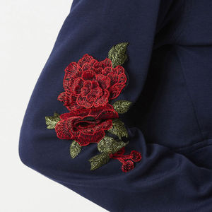 Women <b>Navy</b> Blue Cropped Hoodie Regular Sleeve Short Length Knitted Cotton Floral Embroidery Hooded Sweatshirt Autumn Wear - Product Image 5
