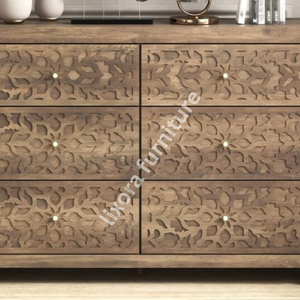 Luxury Handcrafted Solid Wood 6 Drawer Dresser Ornate Lattice Floral Carving Natural Walnut Finish - Product Image 3