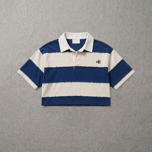 Striped Rugby <b>Crop</b> Polo Shirt Short Sleeve Oversized women's shirt Casual Boxy Fit Tee DTG Vintage Inspired Fashion OEM Supplier - Product Image 3