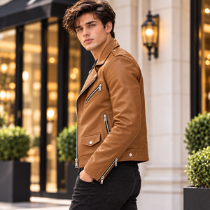 Veste de motard en cuir véritable marron pour homme, coupe ajustée, style vintage punk rock, avec fermeture éclair, veste de travail - Product Image 3