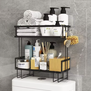 Étagère de rangement pour toilettes sans perçage OEM/ODM Vietnam, 2 niveaux, organisateur de salle de bain avec crochets, base adhésive - Product Image 3