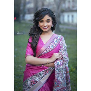Sari en soie Tussar élégant à imprimé Madhubani, bordure tissée Zari, protection solaire, couleur rose, pour femmes indiennes/pakistanaises - Product Image 2
