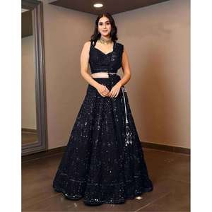 DESIGNER GEORGETTE BRODERIE SEQUENCE TRAVAIL LEHENGA CHOLI AVEC DUPATTA NOIR - Product Image 1