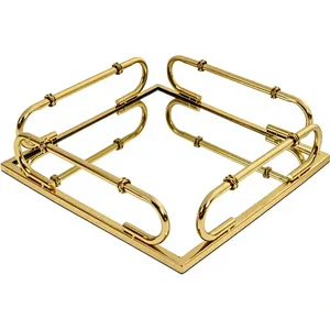 Plateau décoratif carré plaqué or avec poignées tubulaires, style Art Déco, pour table basse - Product Image 1