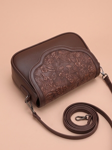 Brown Embossed Floral Handtooled Genuine Leather Single <b>ZIP</b> Vintage Crossbody Shoulder Bag PU Lined Flap Purse for Daily Travel - Product Image 4