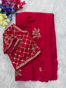 Indian Boutique Stylish Fancy All Over Hand Work Satin Silk <b>Saree</b> Exclusive Elegant Sari <b>Blouse</b> Ethnic Latest Trendy <b>Blouse</b> Girl - Product Image 3