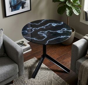Minimalist Accent <b>Coffee</b> Side <b>Table</b> Stone Top Black Metal Tripod <b>Legs</b> Lightning Effect Surface Durable Modern Living Room - Product Image 6