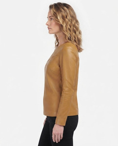 Blusa de Diseño para Mujer, de Cuero Genuino, Impermeable, con Spandex y PU, Manga Corta, Color Sólido, Cuello Redondo, Moderna, Formal, de Verano - Product Image 4