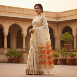 Sari tissé à la main en tissu Paithani Zari de Korra | Collection de vêtements de luxe Girnar pour festivals de mode, mariages, tenues de mariée et tenues traditionnelles - Product Image 1