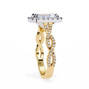 Anillo de compromiso con halo de diamante cultivado en laboratorio de corte radiante de 3.00 quilates, con tallo pavé de retorcido infinito y banda nupcial simbólica de oro bicolor. - Product Image 6
