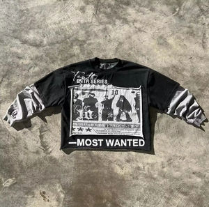 ผู้ผลิตเสื้อผ้าสตรีทแวร์แบบ OEM รับผลิตตามสั่ง ปักลายขาดๆ แบบ Distressed พิมพ์ลายสกรีน เสื้อยืดผู้ชายแขนยาวสองชั้น - Product Image 1