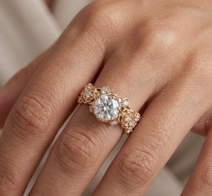 Bague de fiançailles florale en or rose 14K/18K avec diamant de laboratoire, style vintage, ensemble nuptial, couronne de fleurs, bague d'anniversaire pour femme - Product Image 6