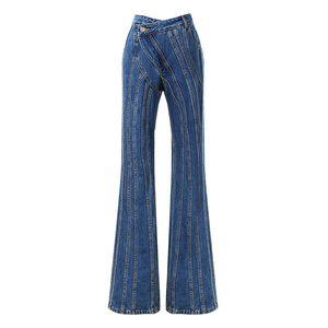 Jean évasé taille haute Y2K pour femme, en denim rayé à empiècements, pantalon vintage pleine longueur - Product Image 1