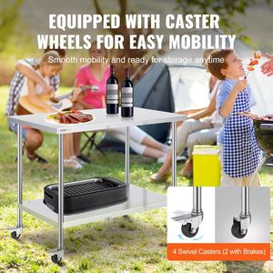 Tavolo da Lavoro in Acciaio Inox Resistente 30 X 48 X 38 Pollici, 4 Ruote, 3 Livelli di Altezza Regolabili, per Cucine Commerciali e Fabbricazioni in Acciaio - Product Image 4