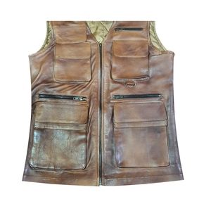 Premium Brown Genuine Leather <b>Utility</b> <b>Vest</b> with Multiple Cargo Pockets, Front Zipper Closure, D-Ring Details and Outdoor Workwea - Product Image 2