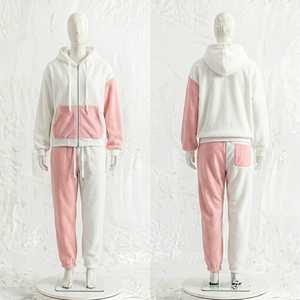 Ensemble de survêtement unisexe rose et blanc à blocs de couleur avec capuche, fermeture éclair intégrale, coupe décontractée, style automne, vente en gros - Product Image 1