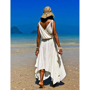 Robe longue bohème pour femmes, sans manches, style enveloppant, avec ceinture, tenue de plage estivale - Product Image 4