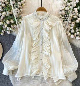Chemisier vintage pour femme avec volants, col Peter Pan, manches ballon, superposition transparente, coupe ample, haut printemps-été - Product Image 3