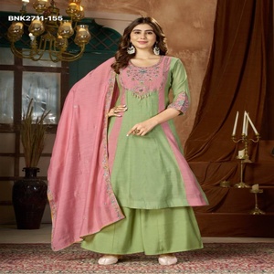 Fournisseur indien de Kurti Anarkali de qualité supérieure en Mal Chanderi avec broderie multicolore et travail manuel réel, accompagné d'un Plazzo et d'un Dupatta. - Product Image 1