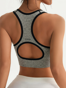 Women Solid Color Scoop <b>Neck</b> Racerback Sports <b>Bra</b> Medium Support Breathable Fitness Top Contrast Binding Gray - Product Image 2